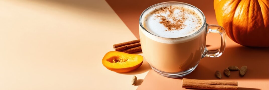 A playful pumpkin spice latte sits in a glass mug on a divided terracotta and ivory backdrop. Surrounded by cinnamon, nutmeg, and pumpkin details, it channels cozy autumn vibes.