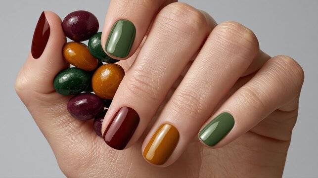 Glossy autumn nails in burgundy, green, mustard yellow, and plum shades. High-end editorial photo showcases a rich fall color palette and smooth gel finish.