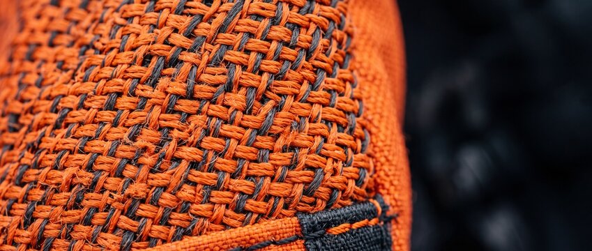 Extreme close up of woven orange and black synthetic textile fibers showing detailed interlocking thread pattern of heavy duty gear