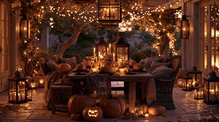 Fototapeta premium Rustic outdoor dining table set with glowing jack o lanterns and warm fairy lights on white background