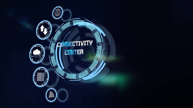 Managing connectivity center server routing visual on glowing cyan futuristic technological hud interface screen with cyber icons