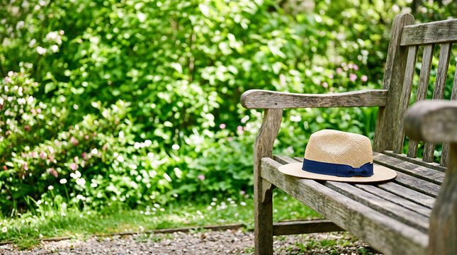 Straw fedora hat resting on a rustic wooden bench in a sunny green garden during a peaceful afternoon