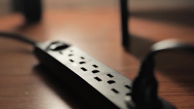 Person removing white smart plug adapter from black power strip on wooden floor.