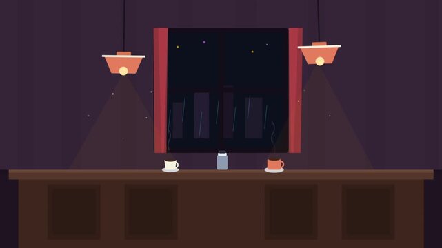 Evening bar scene with dim lighting and counter.