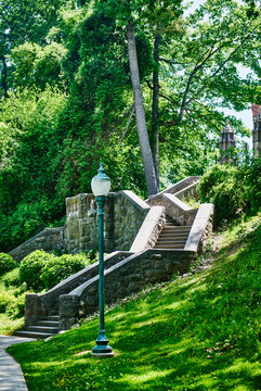 the historic Katrina Trask Gateway Memorial Staircase (1922), on the south end of Congress Park in Saratoga Springs, New York
