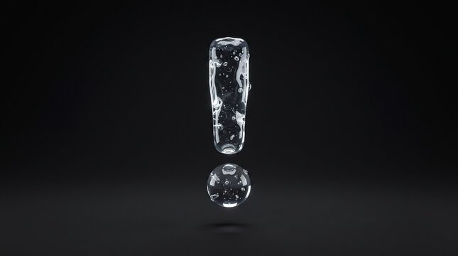 3D liquid water glass exclamation mark isolated on dark background