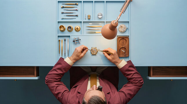 Professional watchmaker repairing a vintage mechanical timepiece at his workbench