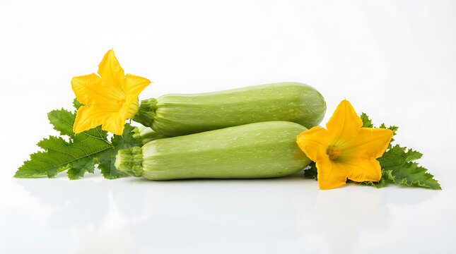 Fresh green zucchini squash with yellow blossoms and green leaves isolated on a white background