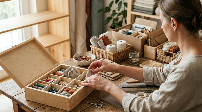 Female artisan organizing sewing supplies and pouches in a wooden box in a craft studio