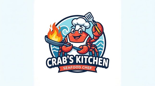 Crab chef mascot logo for seafood branding.