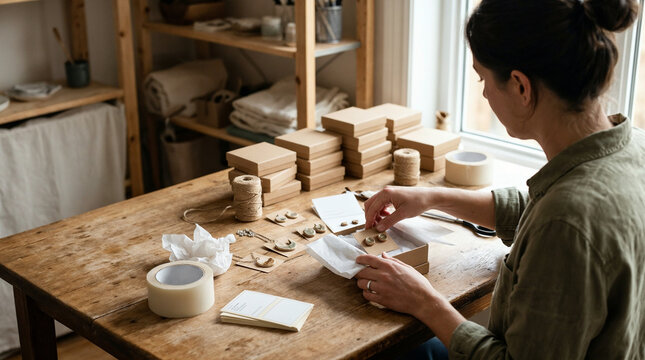 Female artisan packing handmade earrings into a shipping box in a craft studio