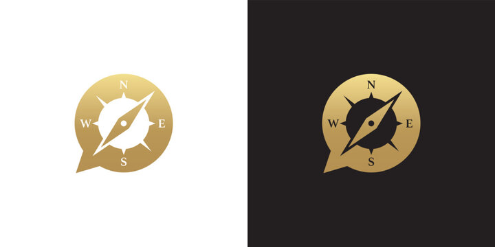 Golden Navigation Compass inside a Speech Bubble Symbol for Travel and Communication Concept Logo Design