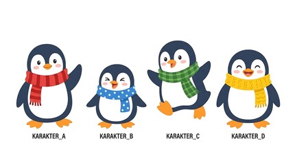 Fototapeta premium Cute cartoon penguins wearing colorful winter scarves set.
