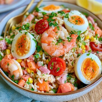 Shrimp rice salad with eggs and fresh vegetables