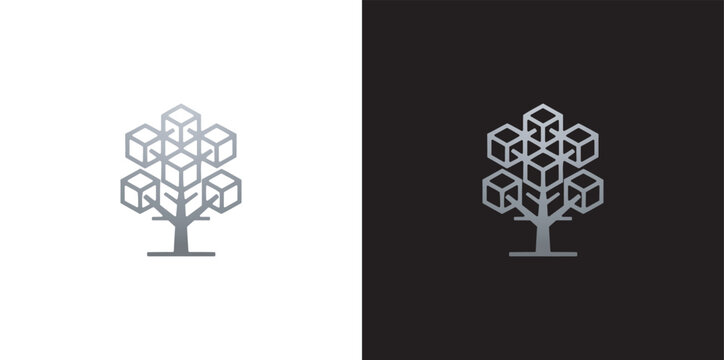 Minimalist Geometric Tree Logo Featuring Cube Leaf Structures for Modern Technology and Nature Concepts