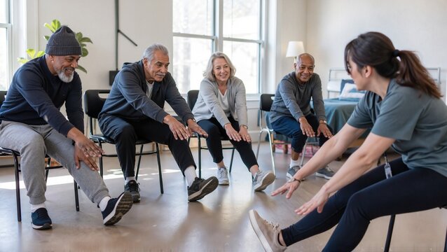 Gentle wellness class for older adults practicing stretching exercises in community center.
