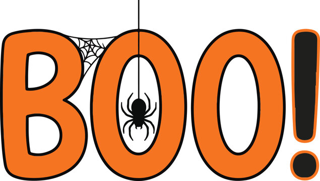 Spooky boo text featuring a hanging spider and cobweb design