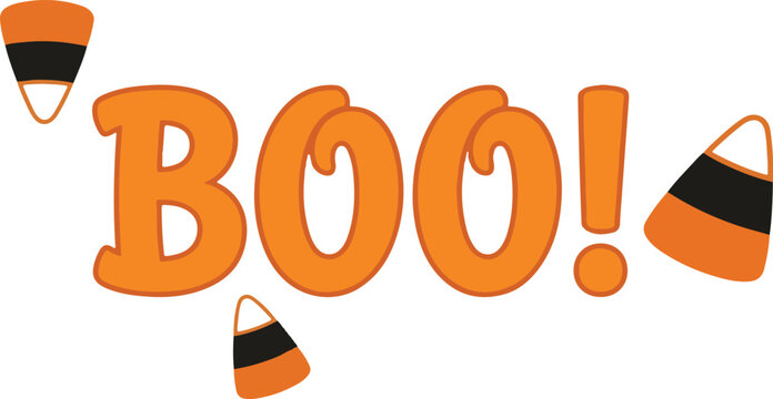 Playful halloween boo text surrounded by scattered candy corn treats