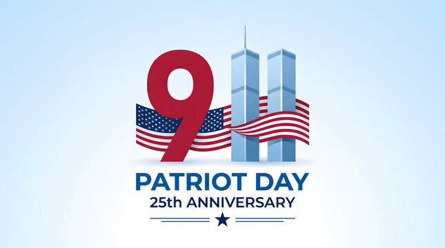 Patriot day 25th anniversary commemorative graphic featuring the twin towers silhouette and a waving american flag design on a light blue background for