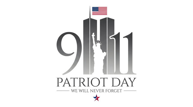 Patriot day memorial graphic featuring the twin towers silhouette and the statue of liberty to commemorate the september eleventh terrorist attacks in new