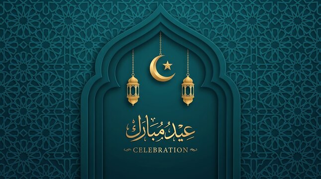 Intricate teal Islamic archway with crescent moon and lanterns for Eid al-Fitr celebration vector illustration