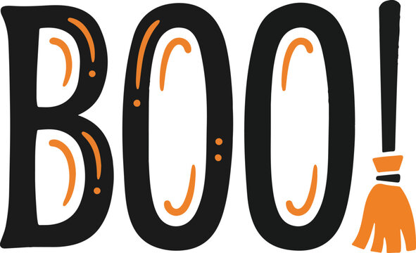 Halloween boo typography design featuring magical broomstick accent