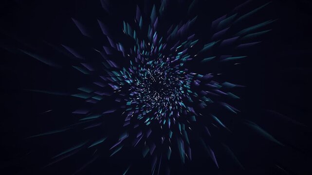 Abstract digital explosion of geometric shapes in blue and purple