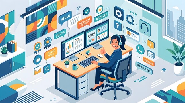 Professional Customer Support Agent in a Modern Isometric Office Setting with Technical Help Icons and Dual Monitors