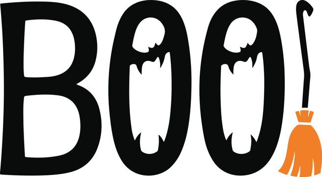 Halloween boo text typography featuring vampire fangs and broom handle