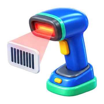 3D cartoon barcode scanner with red laser beam scanning a barcode