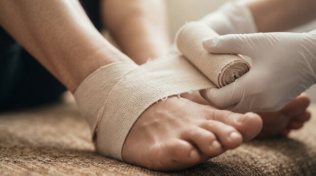 Medical bandage application on injured foot, healthcare professional wrapping ankle with elastic gauze, first aid treatment for sprain