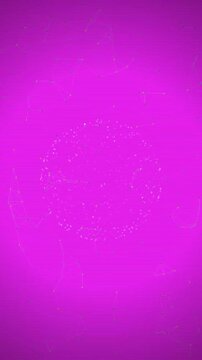 This vertical abstract animation features a glowing plexus sphere on a magenta scanline background.