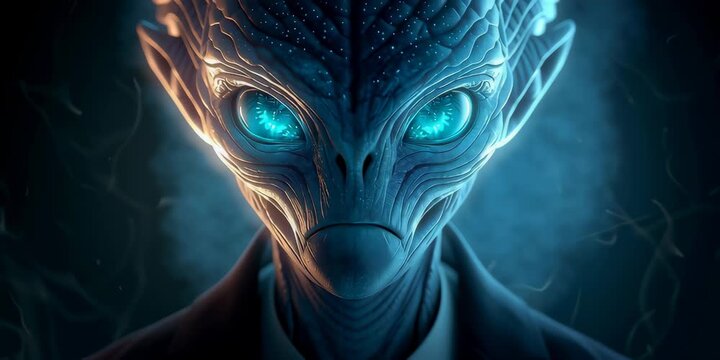 Futuristic Alien Portrait with Glowing Blue Eyes in Cinematic Darkness