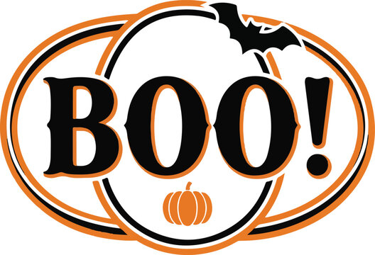 Halloween boo typography badge with pumpkin and bat illustration