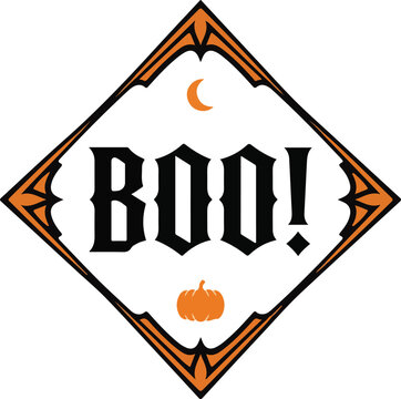 Diamond shaped halloween boo sign with moon and pumpkin