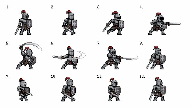 Pixel art sprite sheet showing twelve medieval knights in armor performing different combat poses with swords and shields.