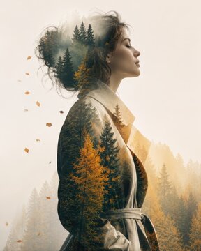 Double exposure of a woman with a forest inside her silhouette, evoking a sense of nature and introspection