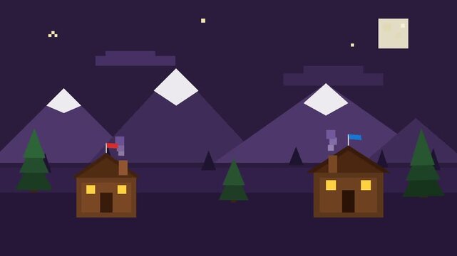 Night Village Scene With Moonlit Mountains And Houses.