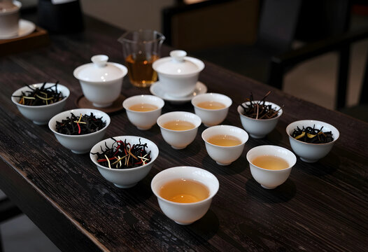 Tea ceremony and mindfulness, traditional chinese tea tasting with loose leaf tea and porcelain cups on a dark wooden table in a calm tea house setting