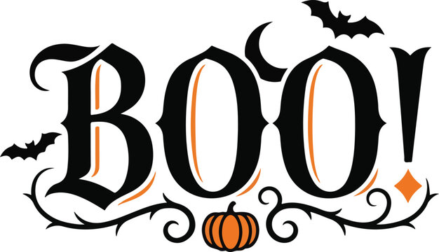 Decorative boo typography with carved pumpkin and flying bats for seasonal