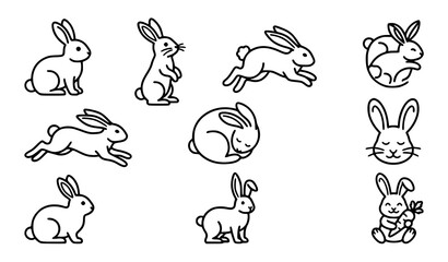 Fototapeta premium Adorable Rabbit Bunny Monoline Black Outline Vector Icon Collection