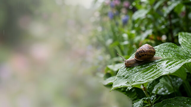 A garden snail slowly crawls across a wet, dew-covered green leaf in a lush natural environment after rain
