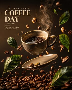 International Coffee Day poster with a levitating coffee cup and beans