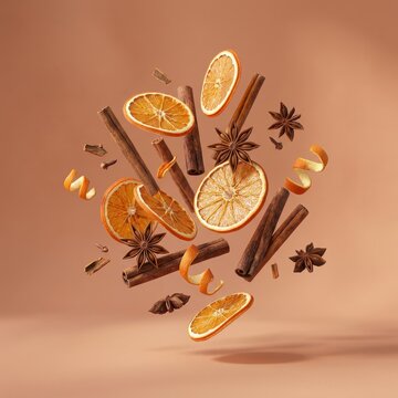 Aromatic spices of cinnamon sticks, dried orange slices, and star anise floating in the air, creating a warm and festive atmosphere