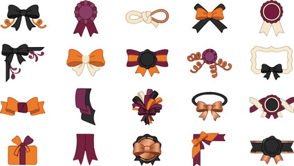 Fototapeta premium Vintage decorative bows and ribbons collection, retro gift accessories, festive elements for scrapbooking, handmade craft patterns, black orange purple isolated on Transparent Background