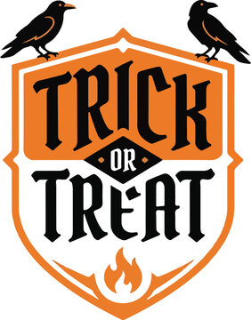 Trick or treat shield emblem with perched crows and burning flame