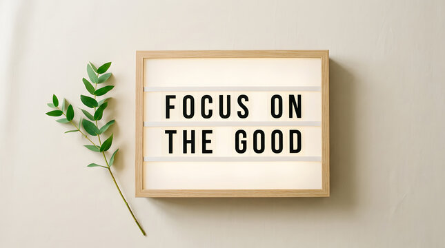 A cinematic lightbox sign displaying the motivational quote focus on the good with eucalyptus leaves nearby