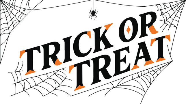 Trick or treat text design framed by spider webs with web