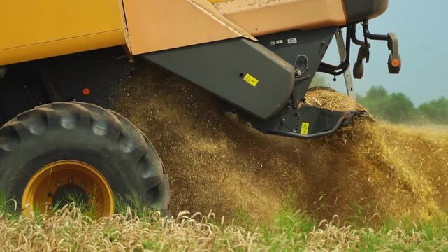 Combine harvester straw chopper spreading shredded wheat residue after harvesting a grain field in slow motion