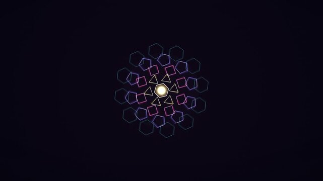 Abstract geometric mandala pattern with glowing neon shapes